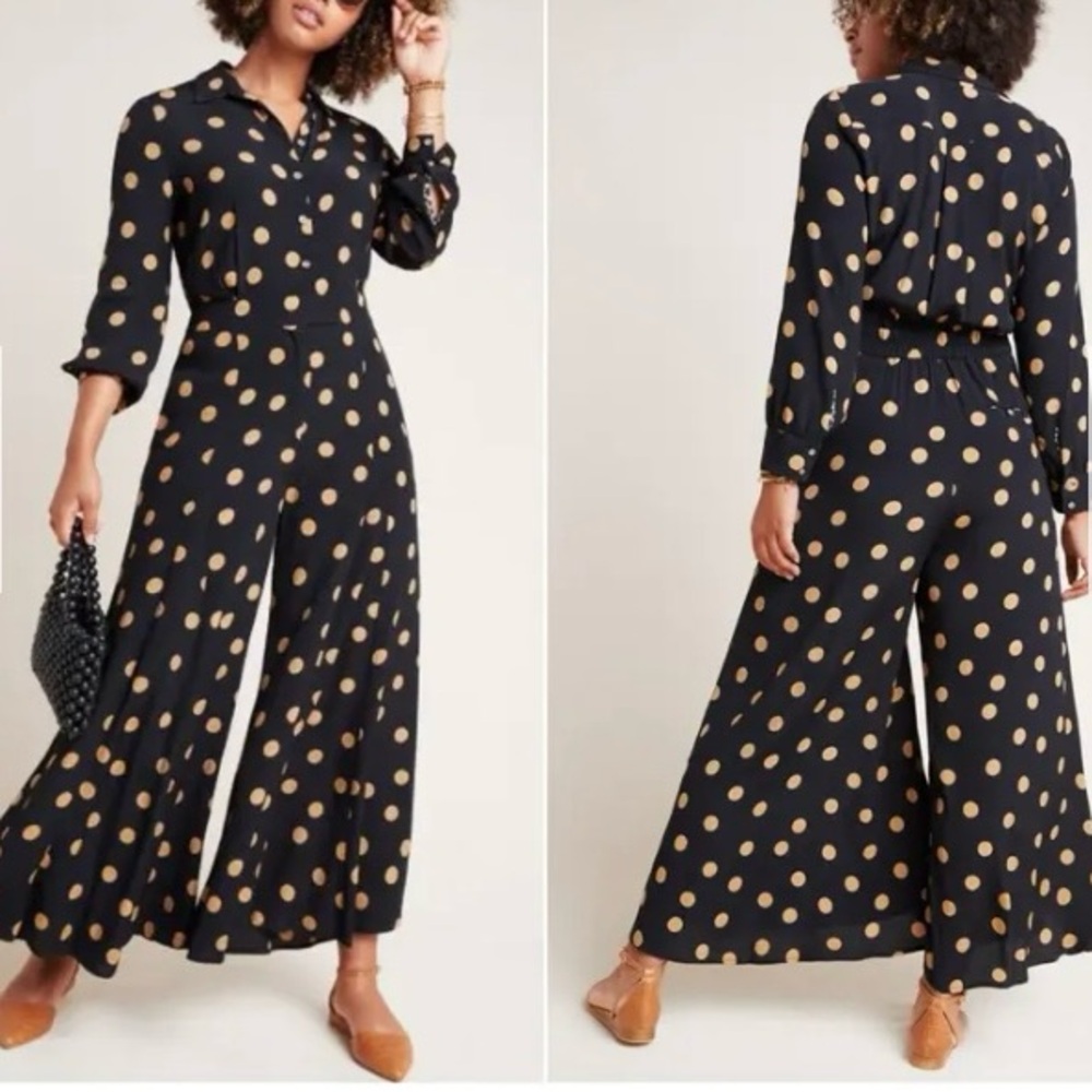 Anthropologie Loveland Wide-Leg Jumpsuit Polka Dots Black/Tan Size 4 - Picture 3 of 16